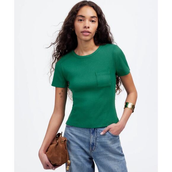 Madewell Garment-Dyed Ribbed Crewneck Pocket Tee WMNS S Verdant Green Slim fit - Picture 1 of 8